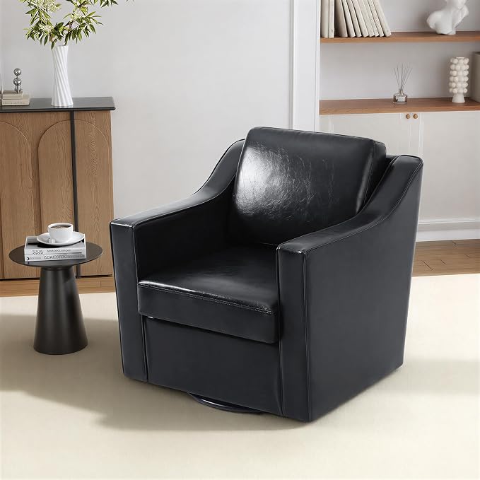 Faux Leather Swivel Accent Chairs Set of 2, 360° Swivel Upholstered Club Armchairs for Living Room, Comfy Single Sofa Reading Chair with Deep Seat, Metal Swivel Base, Black
