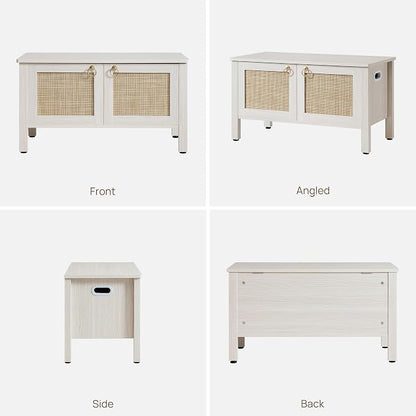 SICOTAS Rattan Storage Bench Boho Storage Chest with 2 Safety Hinges | Wood Storage Truck Box for Bedroom, Living Room, Entryway, Supports 220 lb, White Oak