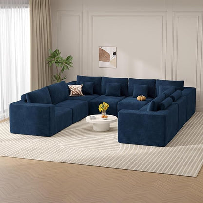 Modern U Shaped Modular Sectional Sofa, Convertible Oversized Cloud Couches for Living Room, Comfy 8 Seater Corduroy Boneless Couch Sofa Set, No Assembly Required, Beige 1 PCS
