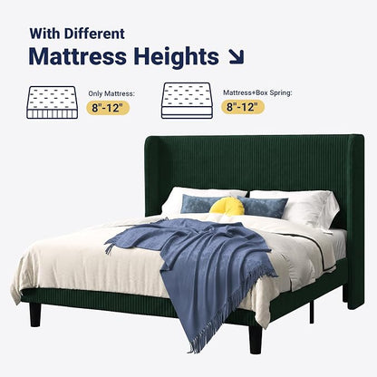 Allewie Queen Size Bed Frame with Upholstered Wingback Headboard, Vertical Channel Tufted Corduroy Velvet Platform Bed, Strong Wooden Slats Support, No Box Spring Needed, Easy Assembly, Dark Green