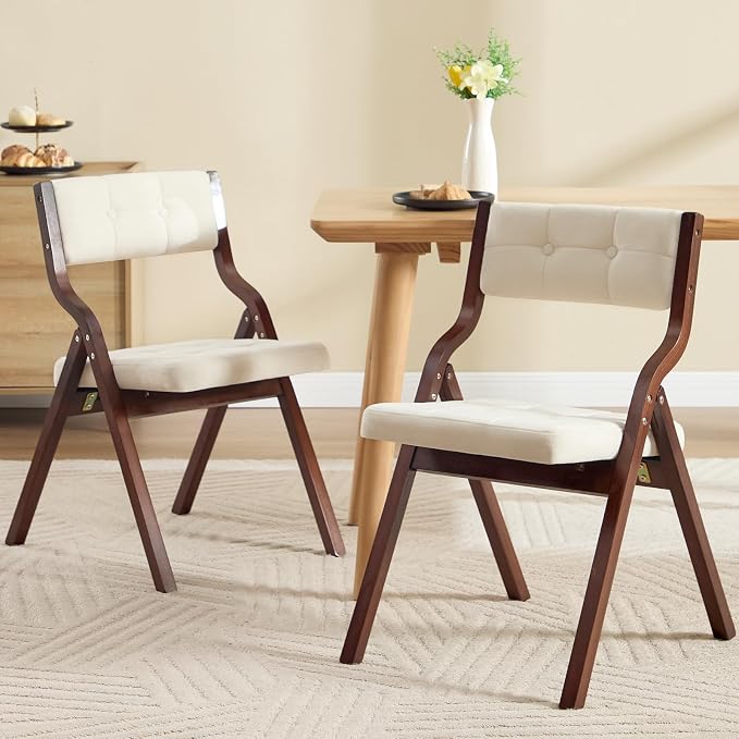 6-Pack Folding Dining Chairs with Cushion,Padded Foldable Dining Chairs,Portable Wooden Folding Chairs with Tufted Buttons Seat for Dining Rooms Kitchen Wedding and Party Indoor Walnut Beige