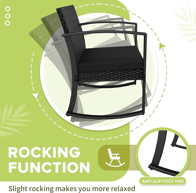 Black 3-Piece Resin Patio Bistro Set, Outdoor Rocking Chairs with Soft Cushions & Side Table, All Weather Furniture for Porch, Poolside, Balcony & Yard