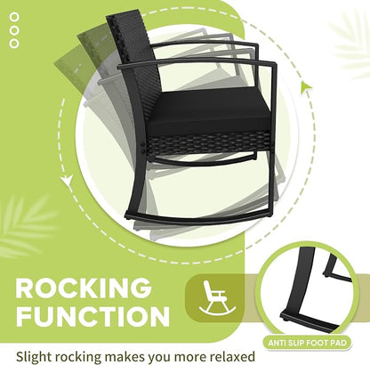 Black 3-Piece Resin Patio Bistro Set, Outdoor Rocking Chairs with Soft Cushions & Side Table, All Weather Furniture for Porch, Poolside, Balcony & Yard