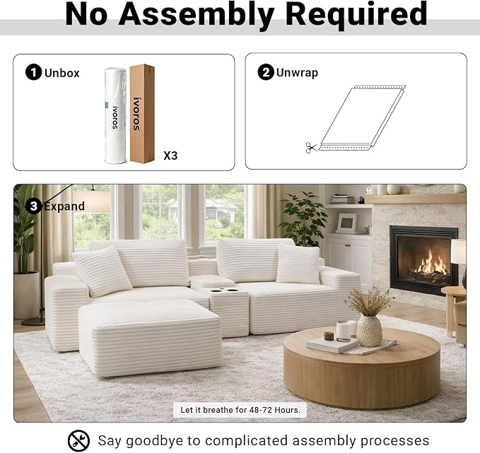 ivoros 111 Inch Modular Sectional Sofa Couch, Oversized Modern Cloud Couch for Living Room, L Shape Couches with Ottomans, USB Ports and Cup Holders, Beige Corduroy Boneless Sofas, Sofa in a Box