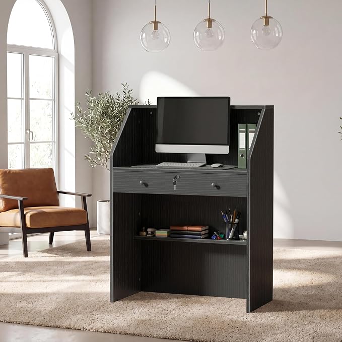 Small Black Reception Desk with Counter and Lock & Drawer for Salon 31.5 Inch Front Table Modern Standing Receptionist Room Tables Checkout Counter for Retail Store, Spa, Office