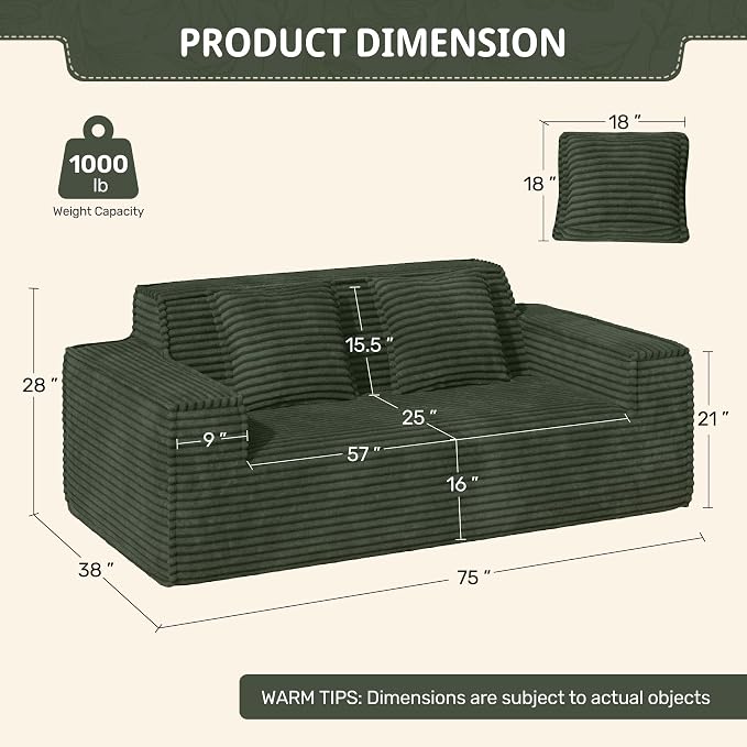 Luxanimarion 75'' Modern Loveseat Sofa, No Assembly Required Comfy Deep Seat Couches 1 pcs for Living Room, Bedroom, Apartment(Green)