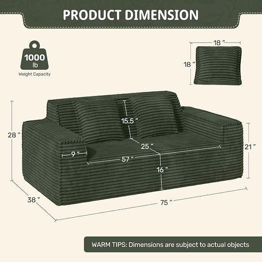Luxanimarion 75'' Modern Loveseat Sofa, No Assembly Required Comfy Deep Seat Couches 1 pcs for Living Room, Bedroom, Apartment(Green)