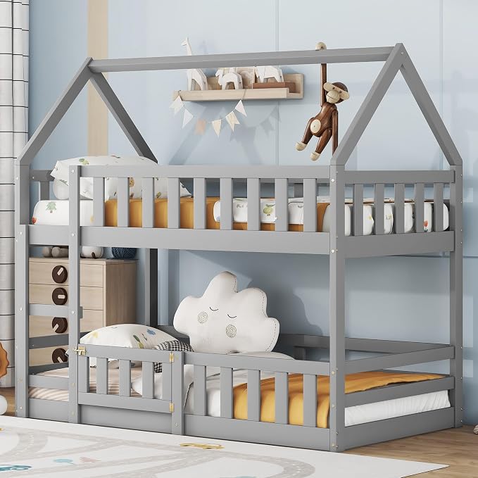 SOFTSEA Twin Over Twin House Bunk Bed, Solid Wood House Bunk Bed Frame with Ladder, Door & Safety Guardrails, Floor Bunk Beds for Kids, Noise Free, Easy Assembly, Grey