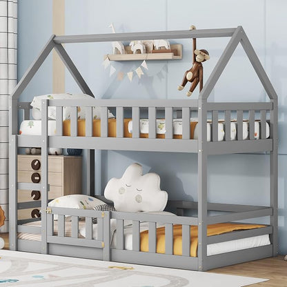 SOFTSEA Twin Over Twin House Bunk Bed, Solid Wood House Bunk Bed Frame with Ladder, Door & Safety Guardrails, Floor Bunk Beds for Kids, Noise Free, Easy Assembly, Grey