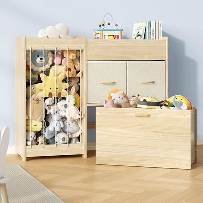EXPERLAM Toy Storage Organizer with Stuffed Animal Holder, Solid Wood Kids Toy Shelf with 2 Drawers, Rolling Toy Chest and Top Rack, Plush Toy Storage for Bedroom, Playroom, Nursery