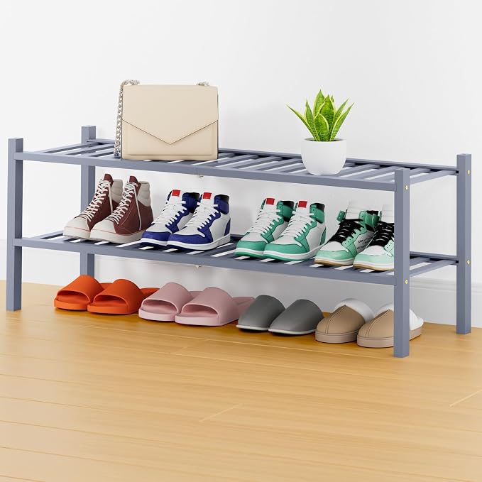 Smiry Long Bamboo Shoe Rack, 2 Tier Free Standing Wooden Shoe Organizer, Stackable Wood Shoe Storage Shelf for Closet, Entryway, 14 Vertical Slats, One-piece Heavy-Duty Legs, 33.7"x11"x13", Grey