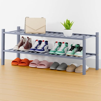 Smiry Long Bamboo Shoe Rack, 2 Tier Free Standing Wooden Shoe Organizer, Stackable Wood Shoe Storage Shelf for Closet, Entryway, 14 Vertical Slats, One-piece Heavy-Duty Legs, 33.7"x11"x13", Grey