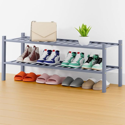 Smiry Long Bamboo Shoe Rack, 2 Tier Free Standing Wooden Shoe Organizer, Stackable Wood Shoe Storage Shelf for Closet, Entryway, 14 Vertical Slats, One-piece Heavy-Duty Legs, 33.7"x11"x13", Grey