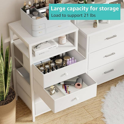 BOLUO Tall Night Stand with Drawers, White Nightstand with Charging Station and LED Light, Small White 4 Drawer Dresser for Bedroom, Room Storage Closet