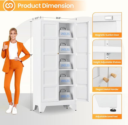 72" Tall Kitchen Cabinet Storage Unit With 2 Doors and 4 Adjustable Shelves, Metal White Freestanding Cupboard, 5 Tier Kitchen Pantry Storage Cabinet for Kitchen Dining/Living Room/Garage/Home/Office