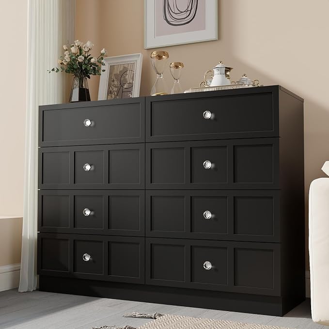 8 Drawer Dresser for Bedroom: 47" Black Chest of Drawers with Deep Drawers, Tall Modern Dresser with Storage, Fluted Wood Dressers for Bedroom, Living Room