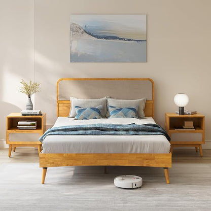 Bme Calista Queen Size Bed Frame – Solid Wood Platform Bed with Upholstered Headboard, Teak Brown Finish, Mid-Century Modern Style with Sturdy Slats & Tapered Legs, No Box Spring Needed