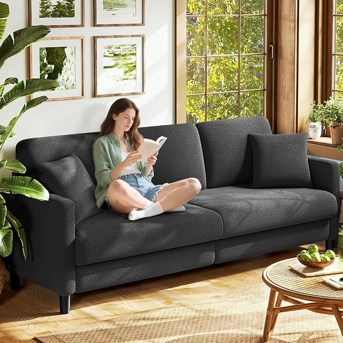 Welzona 83" Couches for Living Room, Teddy Sofa Couch, Comfy Sofas for Living Room, Tool-Free Setup Loveseat Sofa, All-Wood Love Seat Couches, Small Couch 2 Pillows Included, Grey