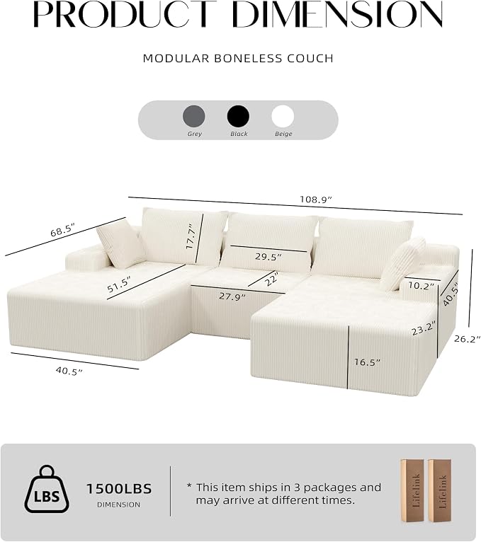 Lifelink 108" Boneless Couch U-Shaped - Modular Sectional Couches for Living Room Cloud Sofa with Deep Seat High Back Removable Ottoman No Assembly Required