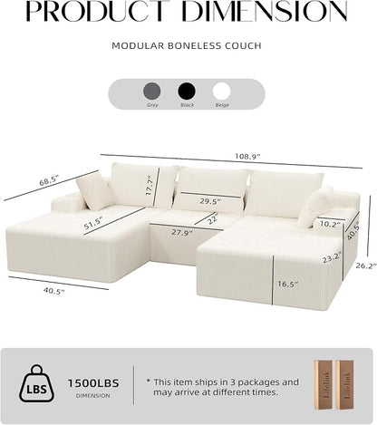 Lifelink 108" Boneless Couch U-Shaped - Modular Sectional Couches for Living Room Cloud Sofa with Deep Seat High Back Removable Ottoman No Assembly Required