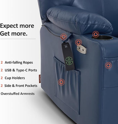MCombo Oversized Power Lift Recliner Chair for Elderly, Lift Chair with Heat and Massage for Big and Tall, USB&Type C Ports, Cup Holders, Faux Leather R7510 (Blue, Large-Wide)