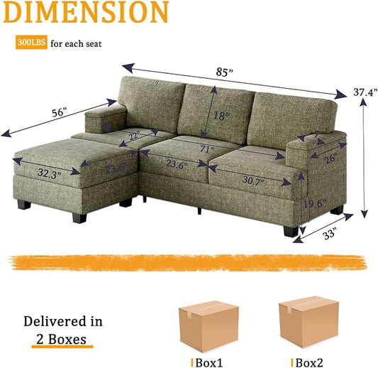 85'' L Shaped Couch with Armrest Organizer,3 Seats Sofas with Movable Ottoman,Comfy Sectional Sofa with Thick Cushion,Chenille Sectional Couches for Living Room,Bedroom,Apartment,Home Furniture,Green