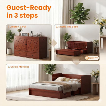 CECER Murphy Bed Queen with Mattress Included for Guest/Small Space-Maroon | Built-in Multi-Port Charging Station ＆ Large Storage Drawer，Space Saving ＆ Easy Assemble and Conversion