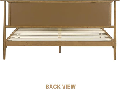 NTC Ruby Wooden Bed Frame with Headboard and Natural Rattan, Solid Oak Foundation with Silent Slats, 1000 Lb Capacity, Effortless Assembly, King - Teak Look