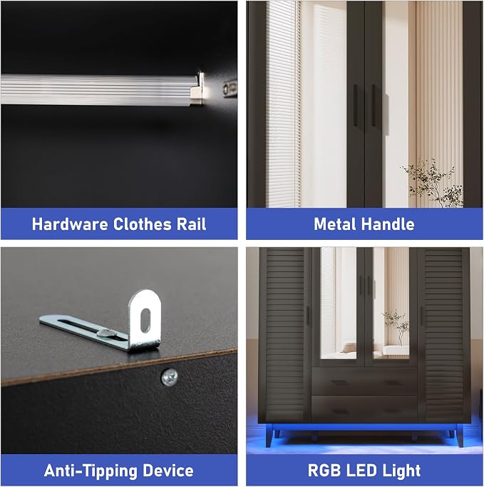 Hlivelood 4 Door Armoire Wardrobe Closet Cabinet with Drawers and LED Lights, Multi-Tier Shelves, Hanging Rod & 4 Louver Doors, Large Capacity Storage Wardrobe Armoire for Bedroom, Black