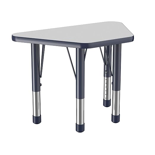 FDP Trapezoid Activity School and Classroom Kids Table (18 x 30 inch), Chunky Toddler Legs for Collaborative Seating Environments, Adjustable Height 15-24 inches - Gray Top and Navy Edge