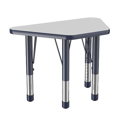 FDP Trapezoid Activity School and Classroom Kids Table (18 x 30 inch), Chunky Toddler Legs for Collaborative Seating Environments, Adjustable Height 15-24 inches - Gray Top and Navy Edge