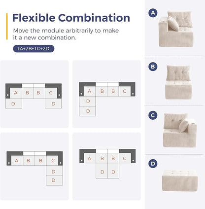 MAXYOYO 129.5" Modular Sectional Sofa Couch, U Shaped Modern Cloud Couch with 2 Ottomans, Sofa in A Box, Tufted 6-Seat Boneless Chair for Living Room, No Assembly Required, Beige