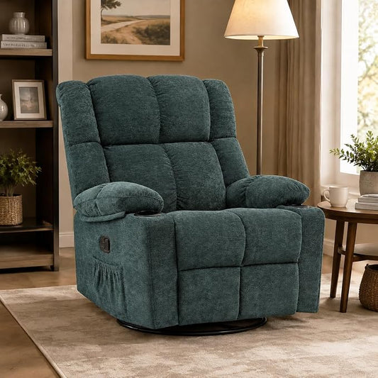 Swivel Rocker Recliner,Rocking Reclining Chair with Adjustable Headrest for Adults,Upholstered Fabric Swivel Recliner Chair for Bedroom,Living Room,Green