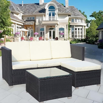 Patio Sofa Set, 5-Piece PE Rattan Wicker Outdoor Furniture with Cushioned Couch, Chairs, and Coffee Table, Beige Cushions for Garden, Deck, and Backyard