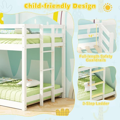 Giantex House Bunk Bed Twin Over Twin, Solid Wood Floor Bunk Bed with Built in Ladder, Window & Safety Guardrail, Wooden Kids Low Bunk Beds for Teens Boys & Girls, No Box Spring Needed, White
