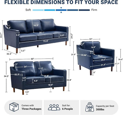 Kingfun 3-Piece Sofa Set for Living Room, Mid Century Modern Couch with Loveseat and Chair, Faux Leather, Solid Wood Frame