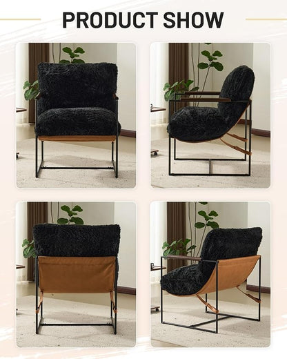 Karl home Modern Metal Frame Accent Chair, Black | Plush Fleece Upholstered, Wood Padded Armrest, 28" Seat Width, Comfy Lounge Armchair for Living Room, Bedroom, Apartment