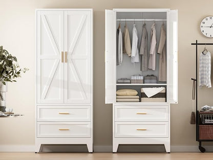 COFaR Metal Wardrobe Cabinet, 71 Farmhouse Armoire Wardrobe Closet with Rods, 2 Barn Doors, Adjustable Shelves, Steel with 2 Drawer Bedroom armoires, White