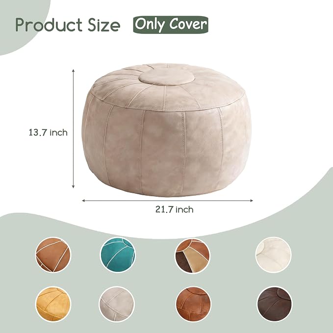 Thgonwid Unstuffed Moroccan Storage Pouf Foot Stool Ottoman Seat Handmade Faux Leather Bean Bag Floor Chair Foot Rest for Living Room, Bedroom or Balcony (Mushroom)
