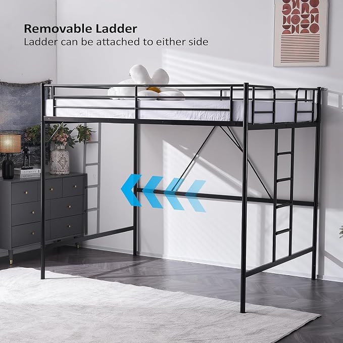 VINGLI Loft Bed Full Size with Flat Rungs for Adults, Kids and Young Teens, No Box Spring Needed,Heavy Duty Metal Slat Support,Black