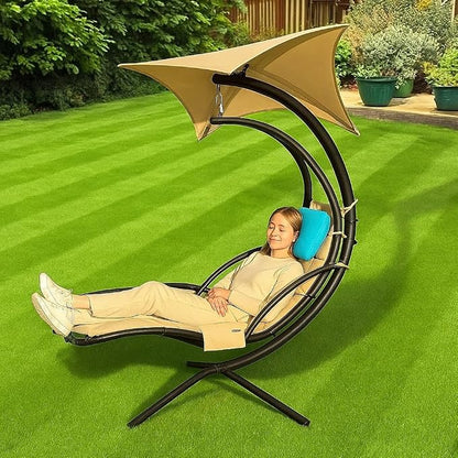 Replacement Cover for Outdoor Hanging Lounge Chair Cushion (Cover Only), Waterproof, with Umbrella Fabric and Inflatable Headrest, Patio Curved Chaise Hammock Swing Lounger Cushion Cover （Khaki）