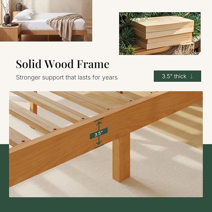 Sweetcrispy Queen Size Bed Frame 12 inch Heavy Duty Platform Bedframe, 1000 lbs Capacity, Underbed Storage, No Box Spring Needed, Wooden Slats, Easy Assembly with Velcro, Honey Finish