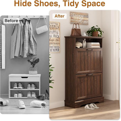 Shoe Storage Cabinet with 2 Flip Drawers, 24" W Farmhouse Modern Hidden Shoes Rack Cabinet with Adjustable Shelves & Open Storage, Narrow Slim Shoe Organizer for Front Door Entrance, Entryway, Walnut