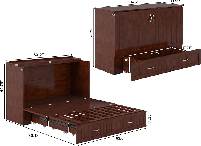 AFI, Southampton Murphy Bed Chest Queen with 6" Mattress, Storage Drawer & Built-in USB Charger, Walnut