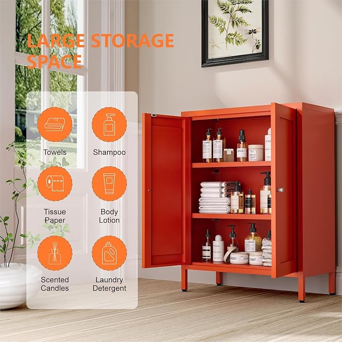 Metal Bathroom Cabinet, Small Floor Storage Cabinet, Freestanding Sideboard with 2 Adjustable Shelves for Living Room, Dining Room, Kitchen (Orange, 31.5" H-2 Doors)
