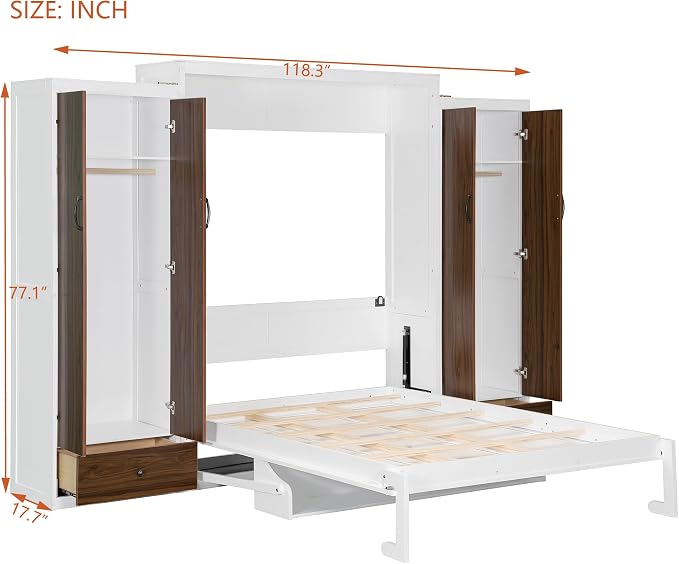 Queen Murphy Bed with Storage Wardrobes, Drawers and Drop-Down Desk | Space-saving wall bed with top LED lights, 500 lbs capacity and recommended 8-inch mattress fit for guest rooms or offices