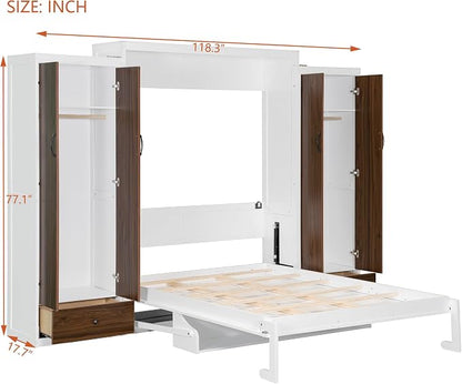 Queen Murphy Bed with Storage Wardrobes, Drawers and Drop-Down Desk | Space-saving wall bed with top LED lights, 500 lbs capacity and recommended 8-inch mattress fit for guest rooms or offices