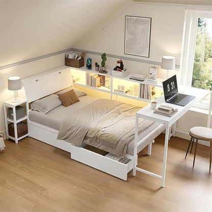 Bellemave Twin Corner Bed Frame with Storage Bookcase & 2 Drawers,Sturdy Metal Twin Daybed with LED Lights & Charging Station, Reversible Twin Corner Bed with Desk for Space-Saving, White