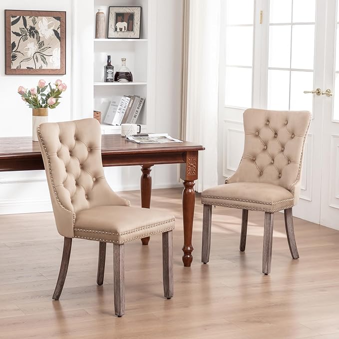 Hixkol Velvet Dining Chairs Set of 2,Upholstered Dining Chairs with Ring Pull Trim and Button Back,Modern Seating for Kitchen, Bedroom & Living Room(Khaki)
