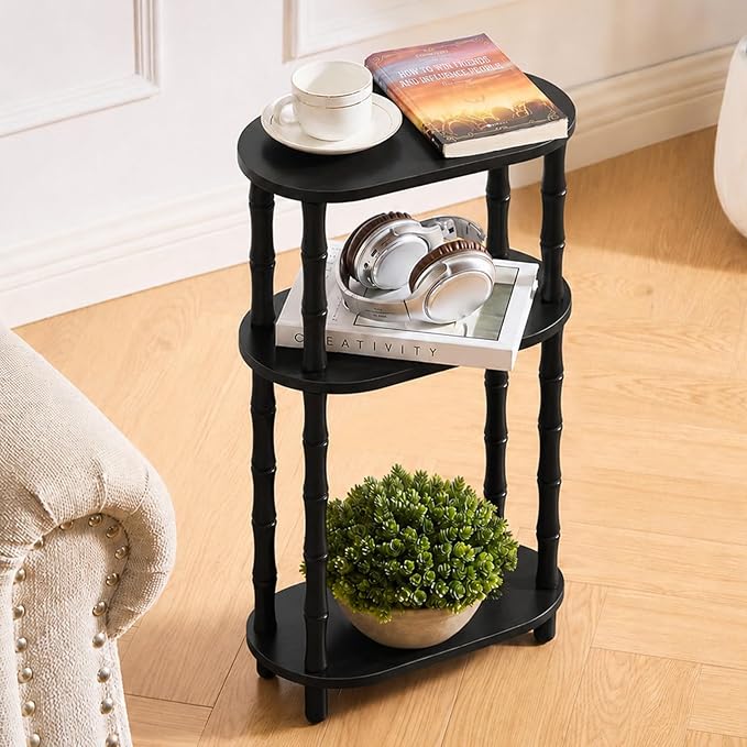 Narrow Side Table with Storage, 3-Tier End Table Skinny Nightstand for Bedroom, Living Room Small Space, Black